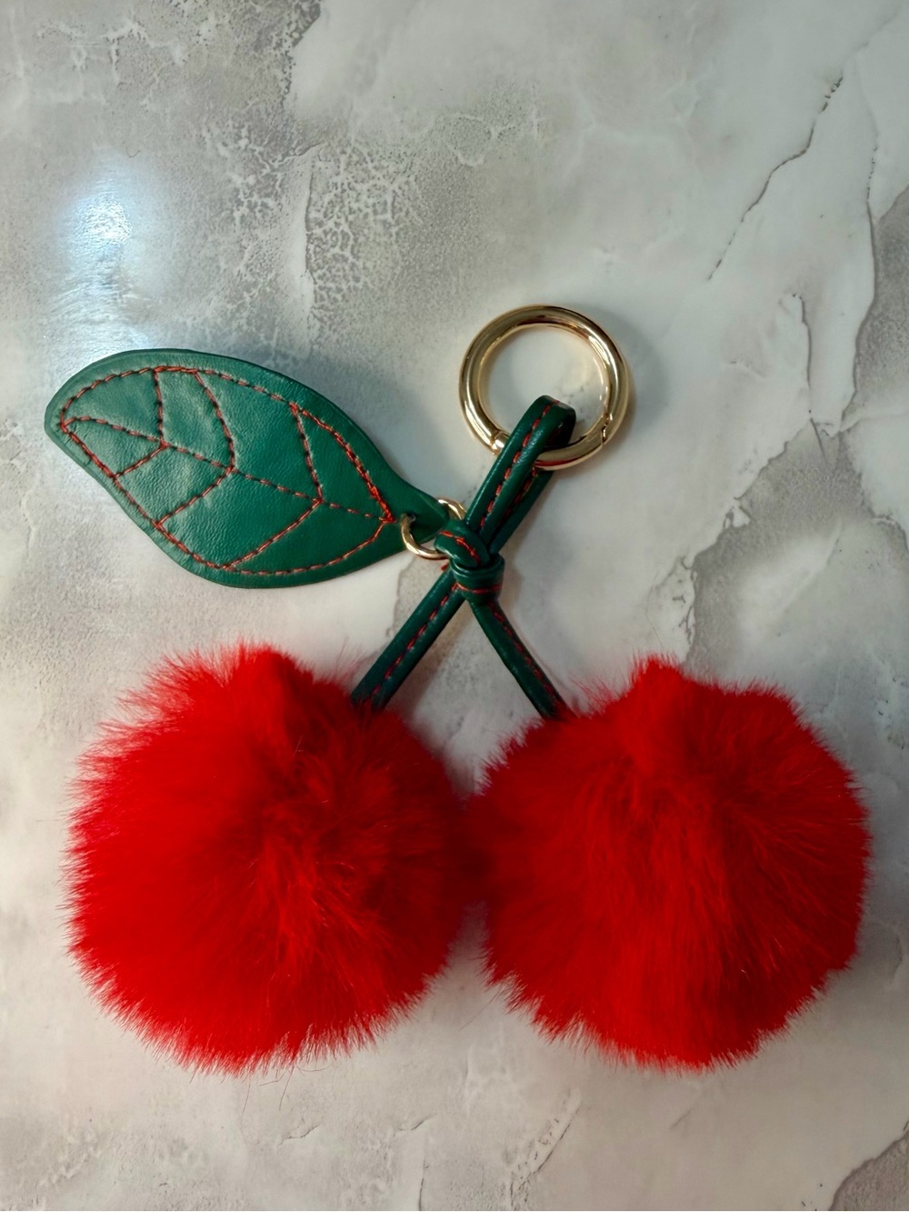 Red Pom-Pom Cherry Purse Charm Keychain with Leather Green Leaf Accent